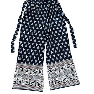 Navy and White Patterned Wide-Leg Pants